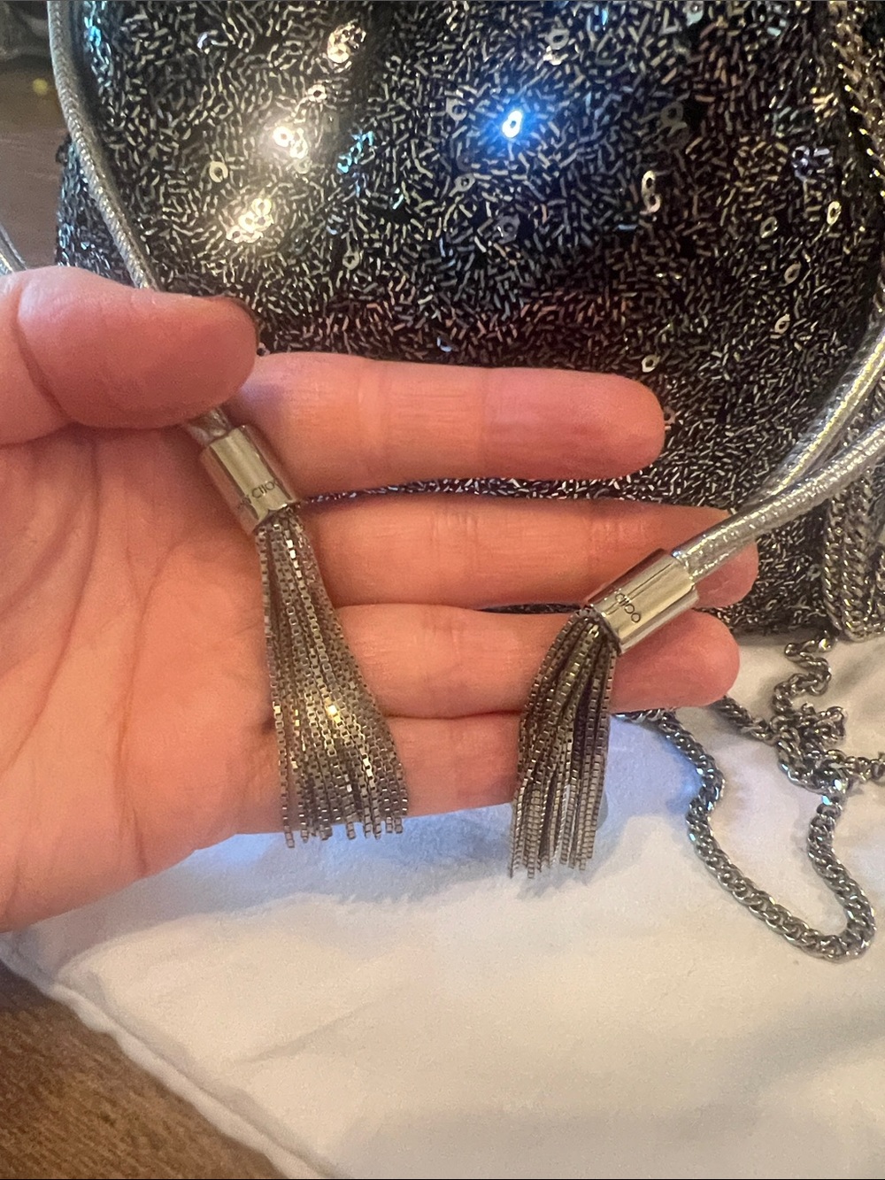 Jimmy Choo Silver/Graphite Sequin Drawstring Mini Bucket Bag - Picture 5 of 13